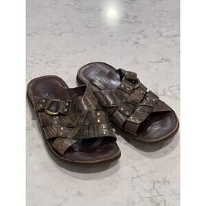 FRYE Men's Leather LudLow Slide Sandals Criss Cross Studded Comfort Size 8 Brown